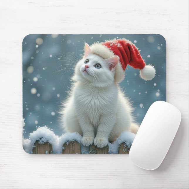 Mousepad Gato de Natal Branco numa cerca de neve (Com mouse)