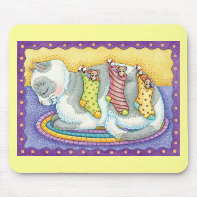 Mousepad Gato de Natal Fofo Dormindo com Ratos em Meias (Frente)