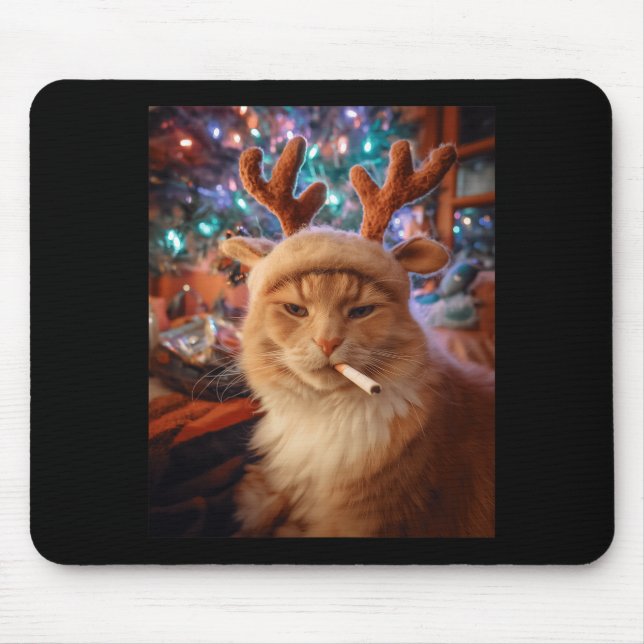 Mousepad Gato de Natal Fumando Cigarro Meme Gen Z Conforto (Frente)