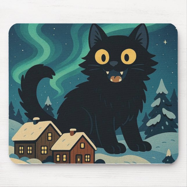 Mousepad Gato de Natal Islandês do Yule com Luzes do Norte (Frente)