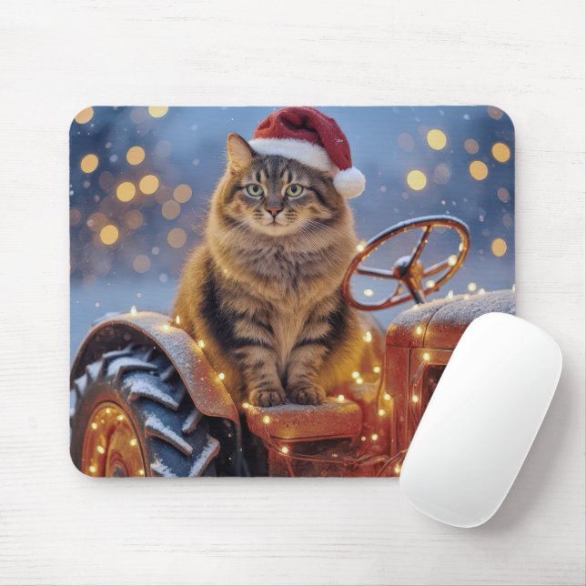 Mousepad Gato de Natal Maine Coon em um Trator Antigo (Com mouse)