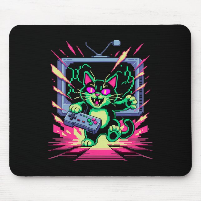 Mousepad Gato de Raiva de Pixel em Estilo 8-bit com Glitch  (Frente)