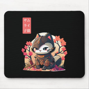 Mousepad Gato de Retro Kawaii Samurai com Árvore de Flor de