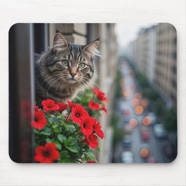Mousepad Gato de Tabby de Apartamento na Janela (Frente)