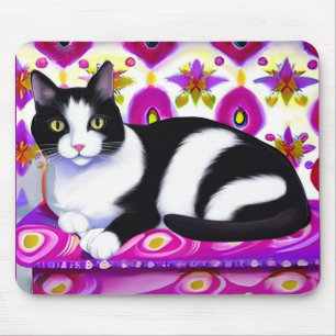 Mousepad Gato de Tuxedo preto e branco em uma almofada