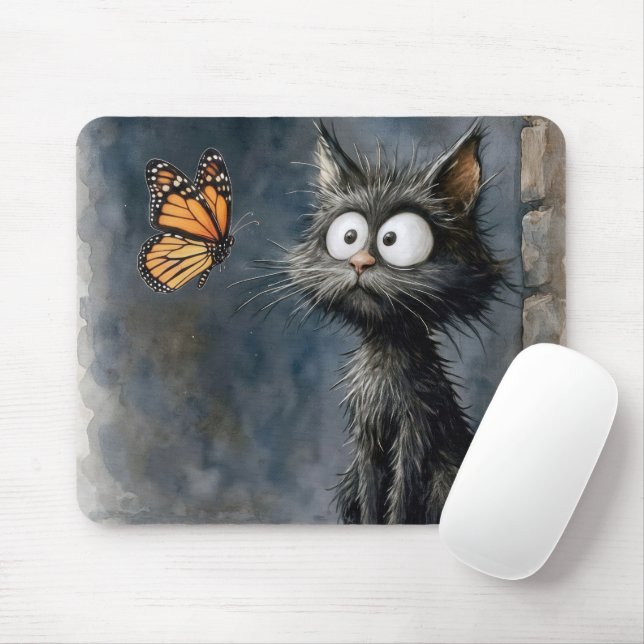 Mousepad Gato Desgrenhado Olhando para uma Borboleta (Com mouse)