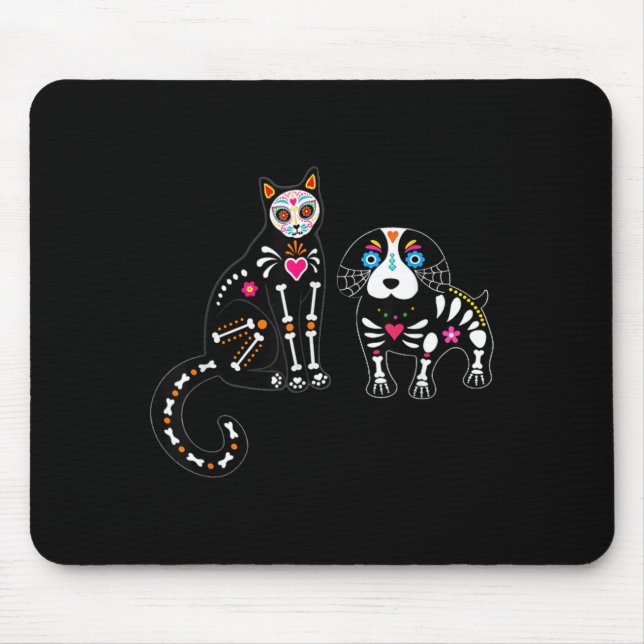 Mousepad Gato e Cachorro Caveira de Açúcar Funny Halloween (Frente)