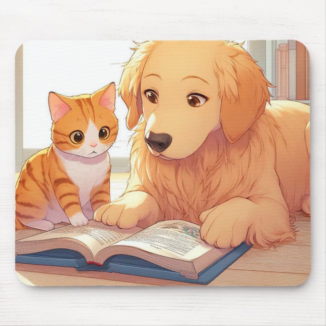 Mousepad Gato e cão lendo um livro (Frente)