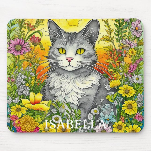 Mousepad Gato e Flores Caprichosos Personalizados (Frente)