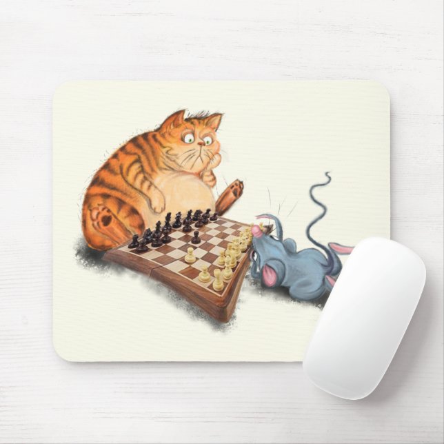 Mousepad Gato e Rato Tocando Cartoon de Xadrez Engraçando E (Com mouse)