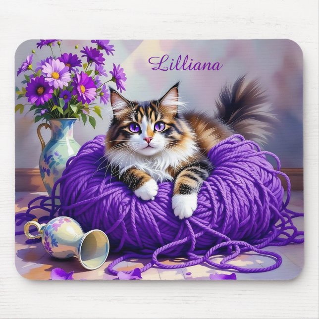 Mousepad Gato em Fio Roxo e Flores Personalizado (Frente)