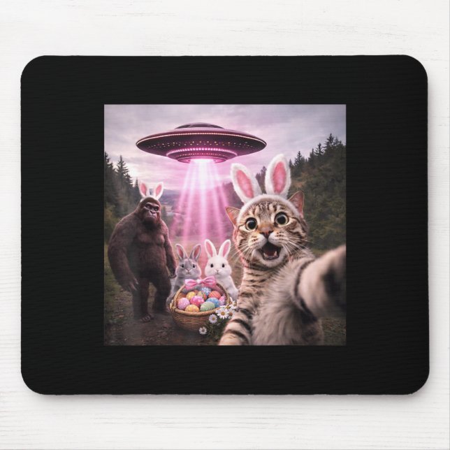 Mousepad Gato engraçado de Páscoa selfie com coelho coelhin (Frente)