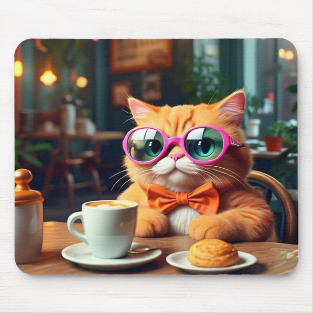 Mousepad Gato Engraçado em Café com Mouse Café (Frente)