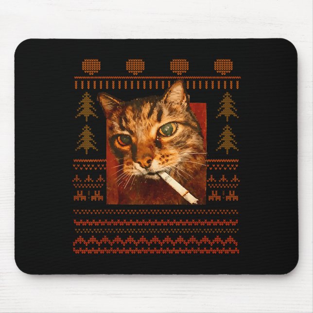Mousepad Gato Engraçado Fumando Meme Natal Feio Para Homens (Frente)