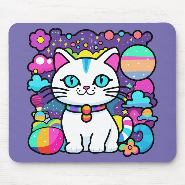 Mousepad Gato Espacial Branco Fofo (Frente)