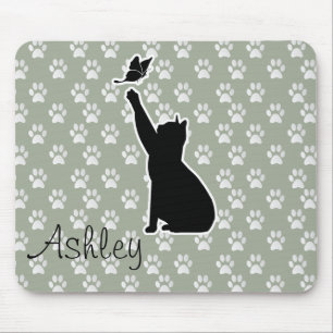 Mousepad Gato Fofo Caçando Borboleta Padrão de Patinhas Mon