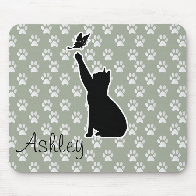 Mousepad Gato Fofo Caçando Borboleta Padrão de Patinhas Mon (Frente)