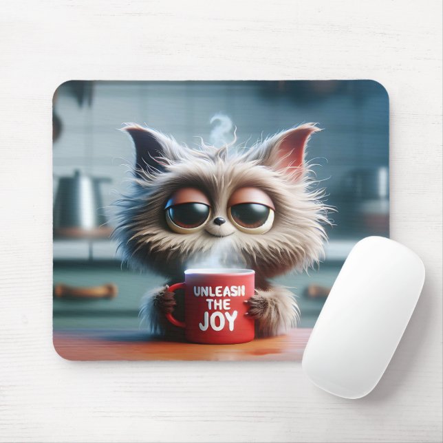 Mousepad Gato Fofo Com Caneca de Café Vermelha (Com mouse)