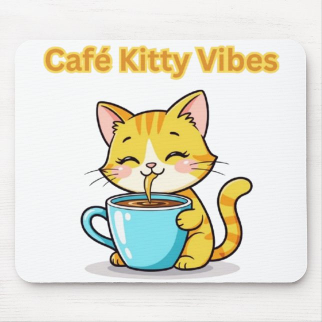 Mousepad **Gato Fofo de Café – Gato Adorável Bebendo Café I (Frente)