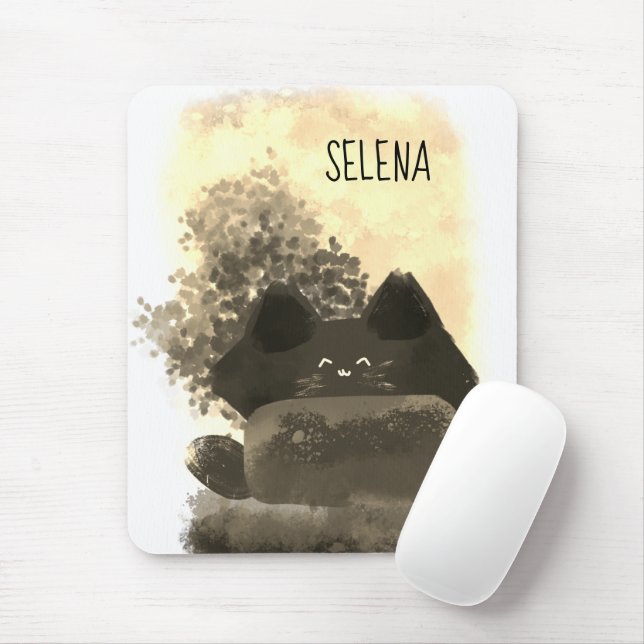 Mousepad Gato Fofo de Desenho Animado Dourado e Preto Escon (Com mouse)