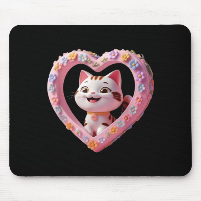 Mousepad Gato fofo sorrindo com coração design engraçado un (Frente)