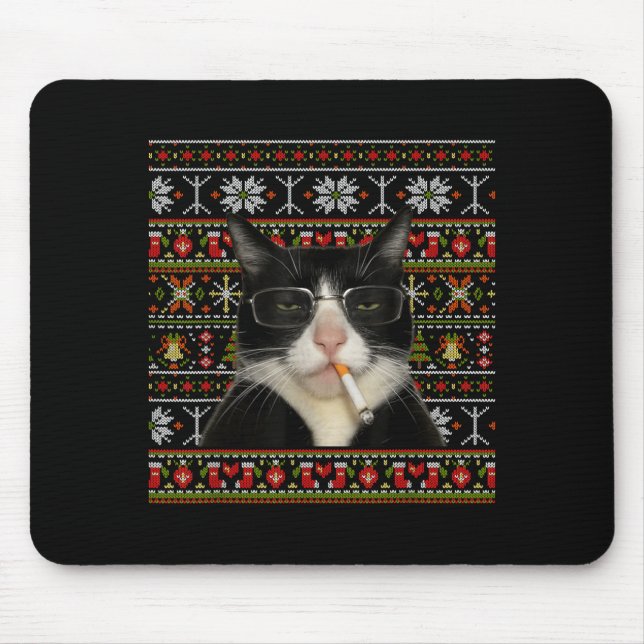 Mousepad Gato Fumante Engraçado Meme Natal Suéter Feio Gato (Frente)
