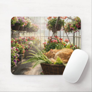 Mousepad Gato Gengibre Dormindo em Cesta de Samambaia Pendu