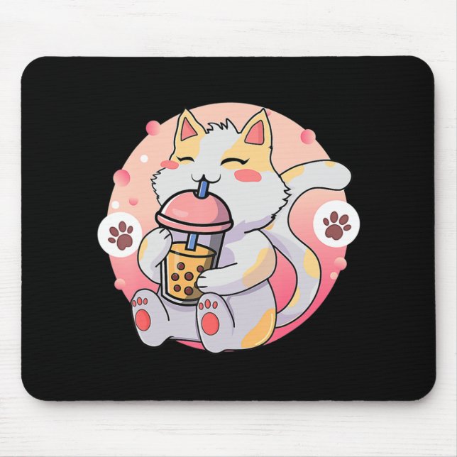 Mousepad Gato Kawaii Bonita Boba Tea Anime Kitten Gift Cria (Frente)