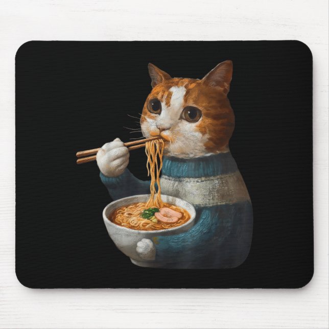 Mousepad Gato Kawaii Comendo Macarrão Ramen Presente Divert (Frente)