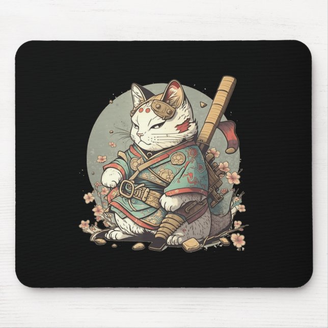 Mousepad Gato Kawaii Estilo Samurai Anime Kitten Japonês (Frente)