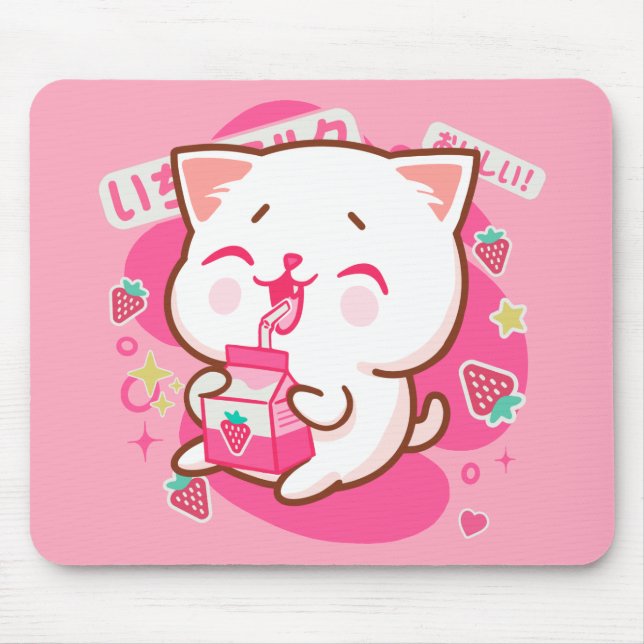 Mousepad Gato Kawaii Gato Japonês Leite De Morango (Frente)