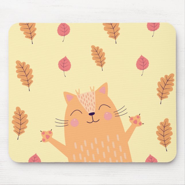 Mousepad Gato Laranja Gengibre Fofo Brincando nas Folhas de (Frente)