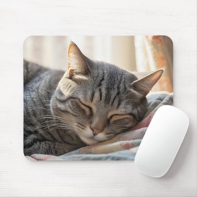 Mousepad Gato Listrado Dormindo Sobre uma Velha Colcha  (Com mouse)