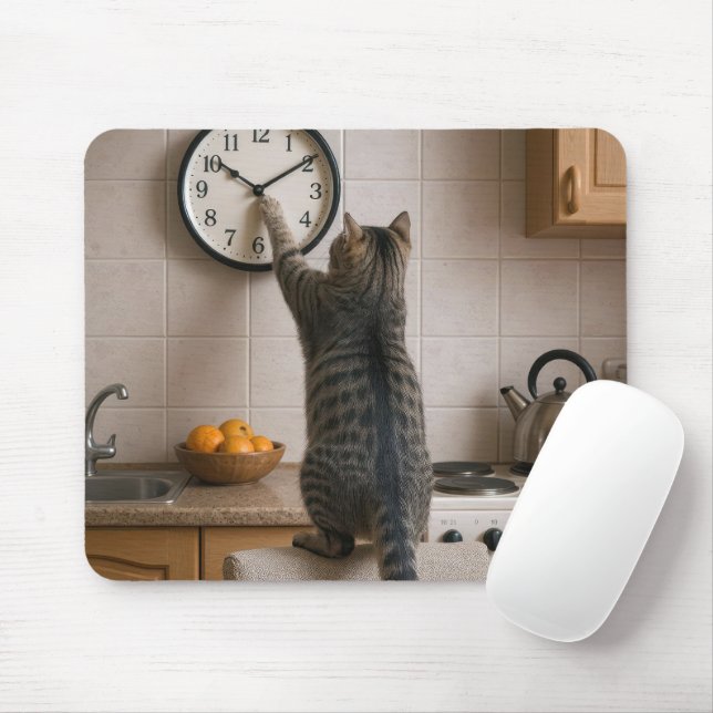 Mousepad Gato Listrado Mudando a Hora de um Relógio de Cozi (Com mouse)