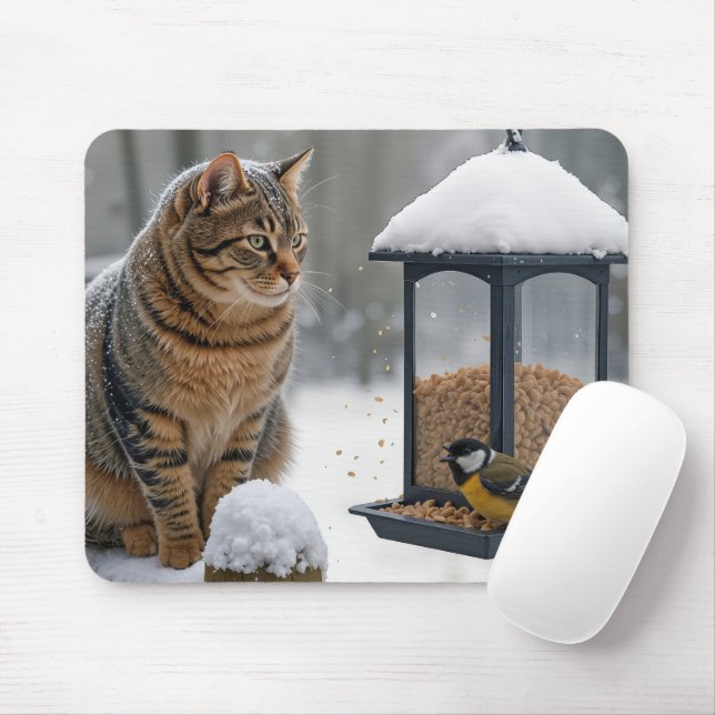 Mousepad Gato Listrado Observando um Pássaro em um Comedour (Com mouse)