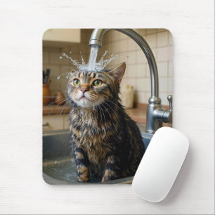 Mousepad Gato Listrado Sob uma Torneira da Cozinha