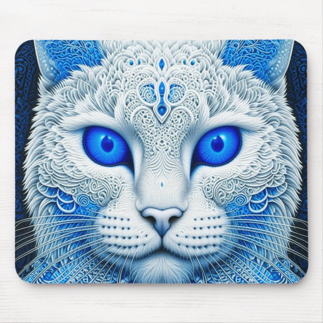 Mousepad Gato Místico Branco Arte de IA Etérea (Frente)