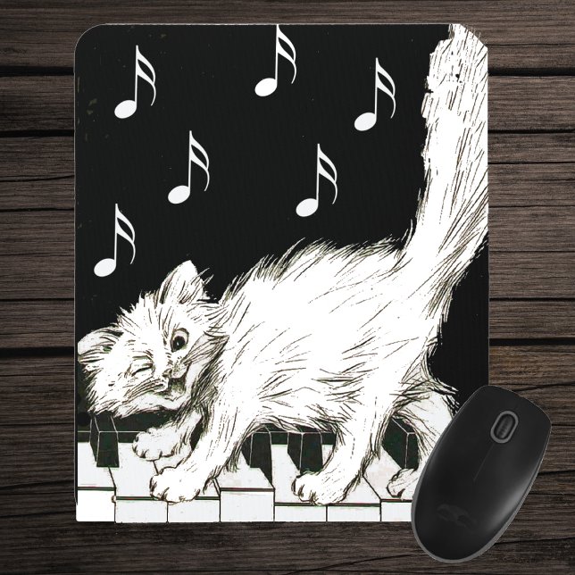 Mousepad Gato nas Chaves do Piano (Winking white cat on piano keys white music notes on black mousepad.)