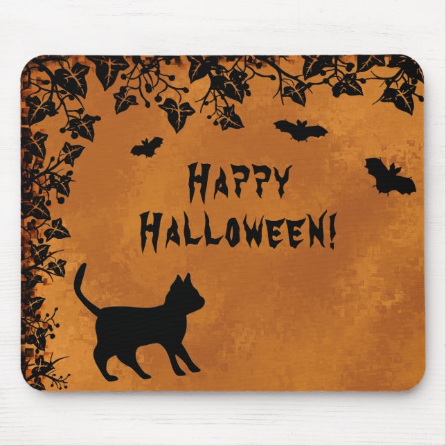 Mousepad Gato Negro com Bat, Feliz Dia das Bruxas (Frente)