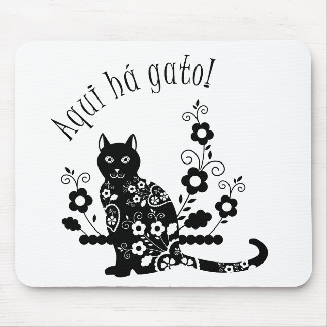 Mousepad Gato negro com flores e expressão portuguesa (Frente)