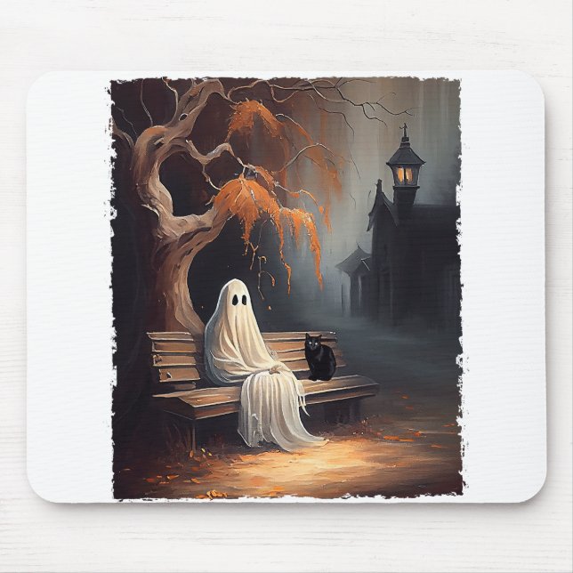 Mousepad Gato Negro E Fantasma Sentados Em Bench Halloween  (Frente)