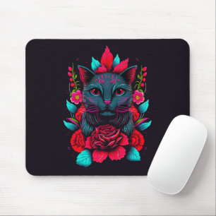 Mousepad Gato Negro Elegante arredondado por Rosas vermelha