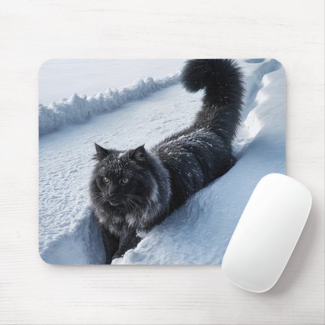 Mousepad Gato Negro Em Neve Profunda (Com mouse)
