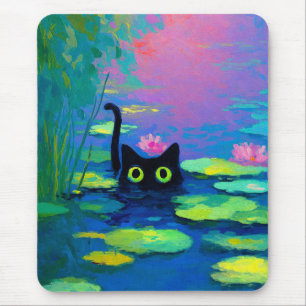 Mousepad Gato Negro Engraçado Nadando Pond Quirky Art