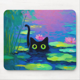 Mousepad Gato Negro Engraçado Nadando Pond   Quirky Art