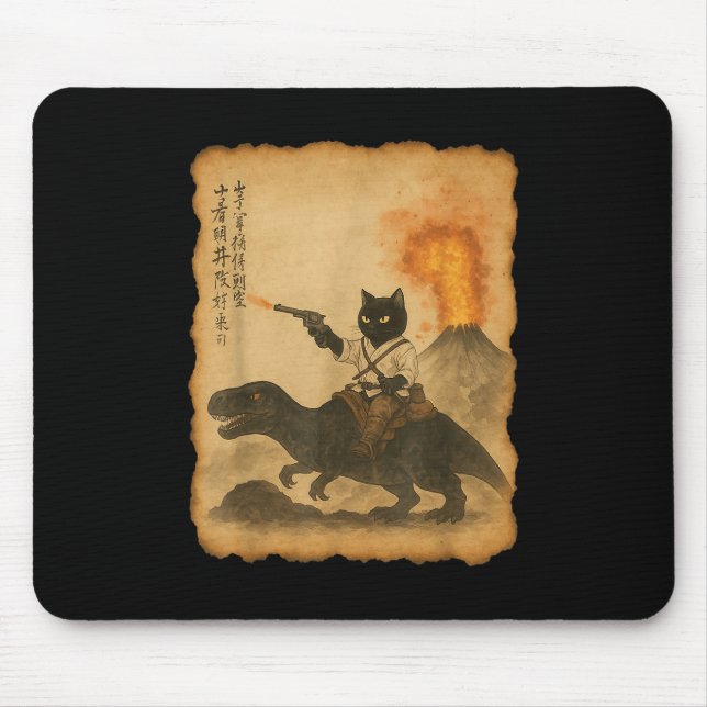 Mousepad Gato Negro Samurai Andando Rindo Erupção Vulcânica (Frente)