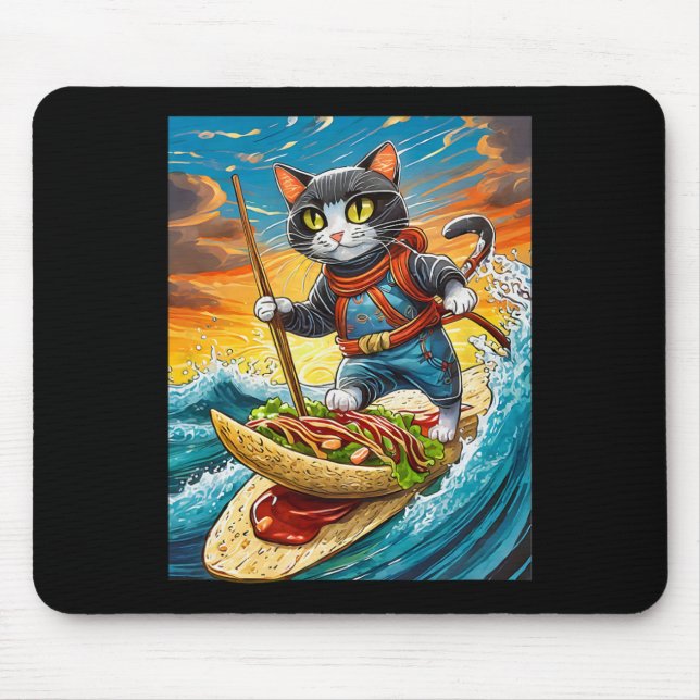 Mousepad Gato Ninja Surfando Uma Prancha de Surf de Taco Co (Frente)