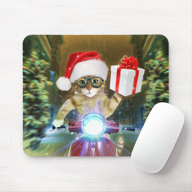 Mousepad Gato no Papai Noel que entrega presente de Natal (Com mouse)