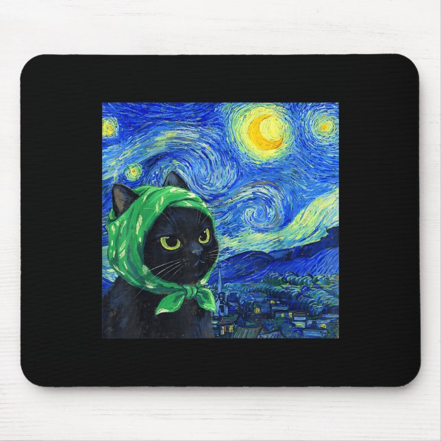 Mousepad Gato Noite Estrelada Van Gogh Diversão para Gato A (Frente)