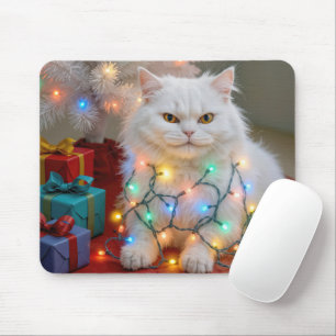 Mousepad Gato Persa de Natal Enroscado em Luzes de Festa
